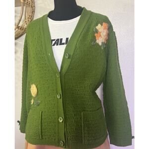 Vintage De Anza Boucle Green Cardigan Embroidered Anthropologie Vibe RARE